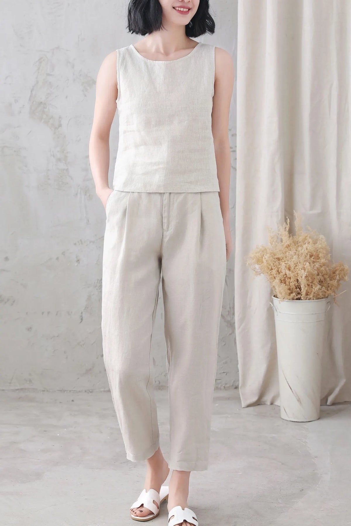 Beige Linen Tank Top - Loose Fit Scoop Neck Sleeveless 3345