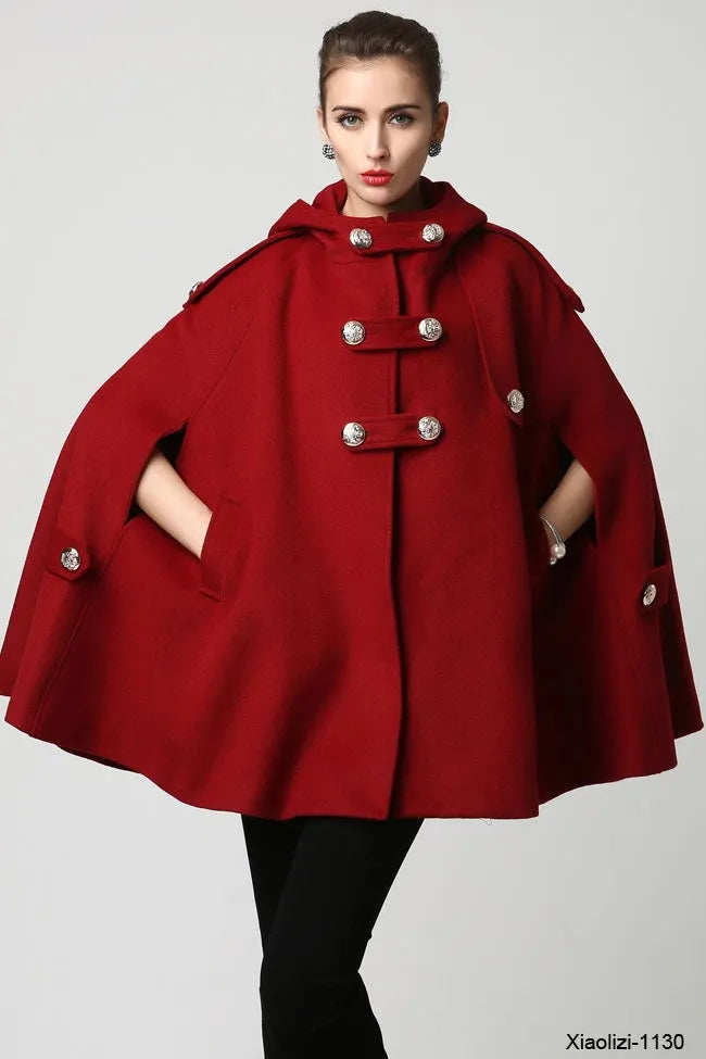 Handmade Wine Red Wool Cape Coat – Hooded Double-Breasted Winter Overcoat 