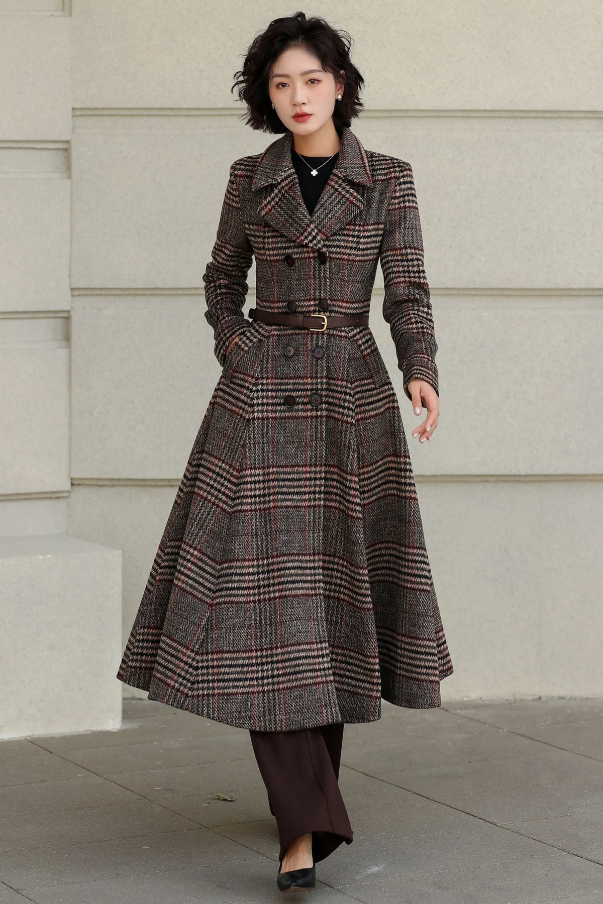 Plaid Wool Coat - Vintage Inspired Fit and Flare Long Double Breasted 6529