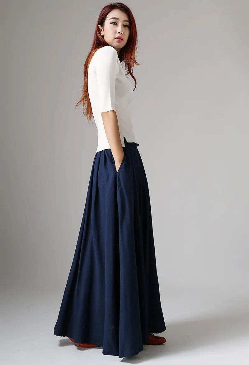 Handmade Navy Blue Linen Maxi Skirt – High Waist with Pockets 1046