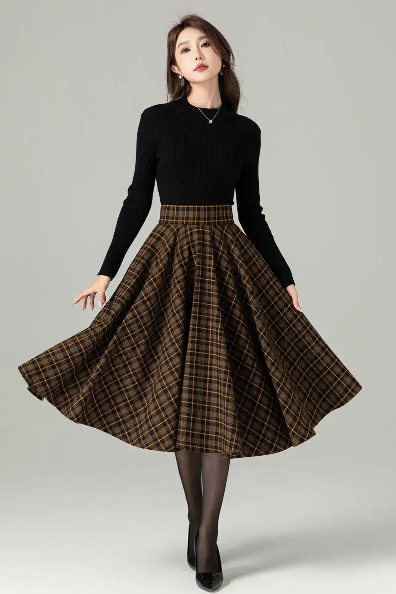 Brown Plaid Wool Midi Skirt – Vintage Swing High Waist Winter Skirt with Pockets 4498