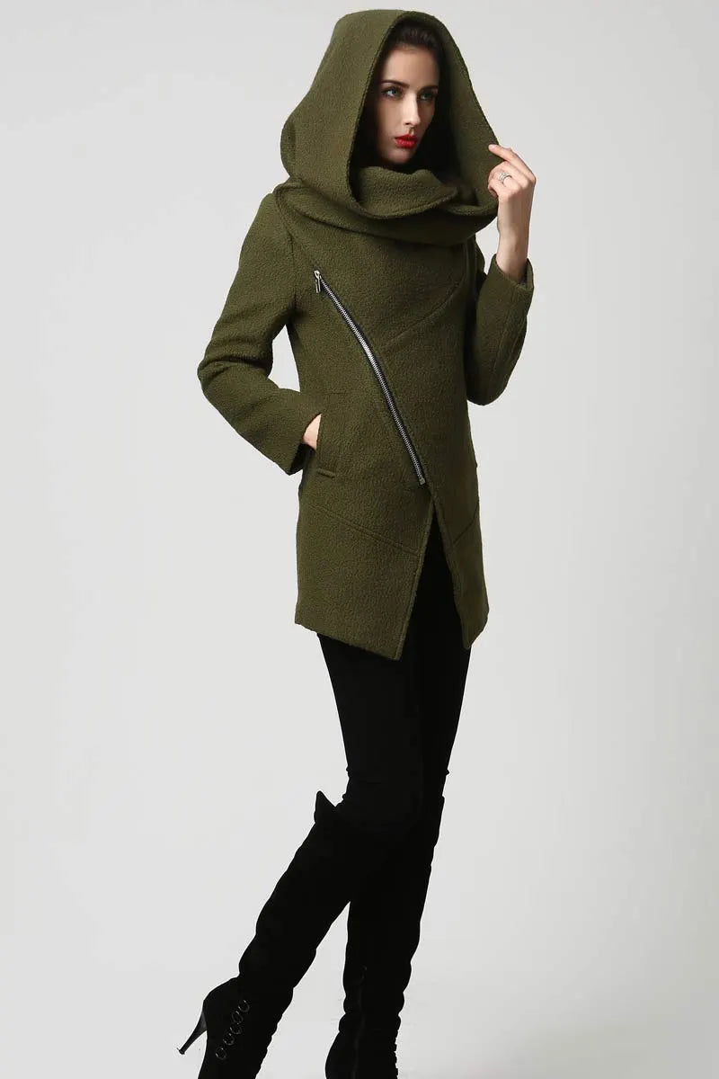 Moss Green Wool Coat – Asymmetrical Short Winter Coat with Oversized Hood 1128