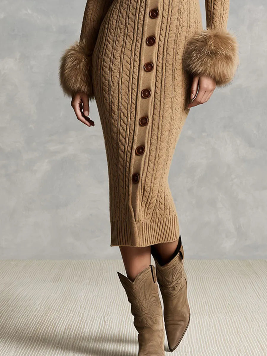 Retro Camel Faux Fur Collar & Cuffs Knit Sweater Midi Dress