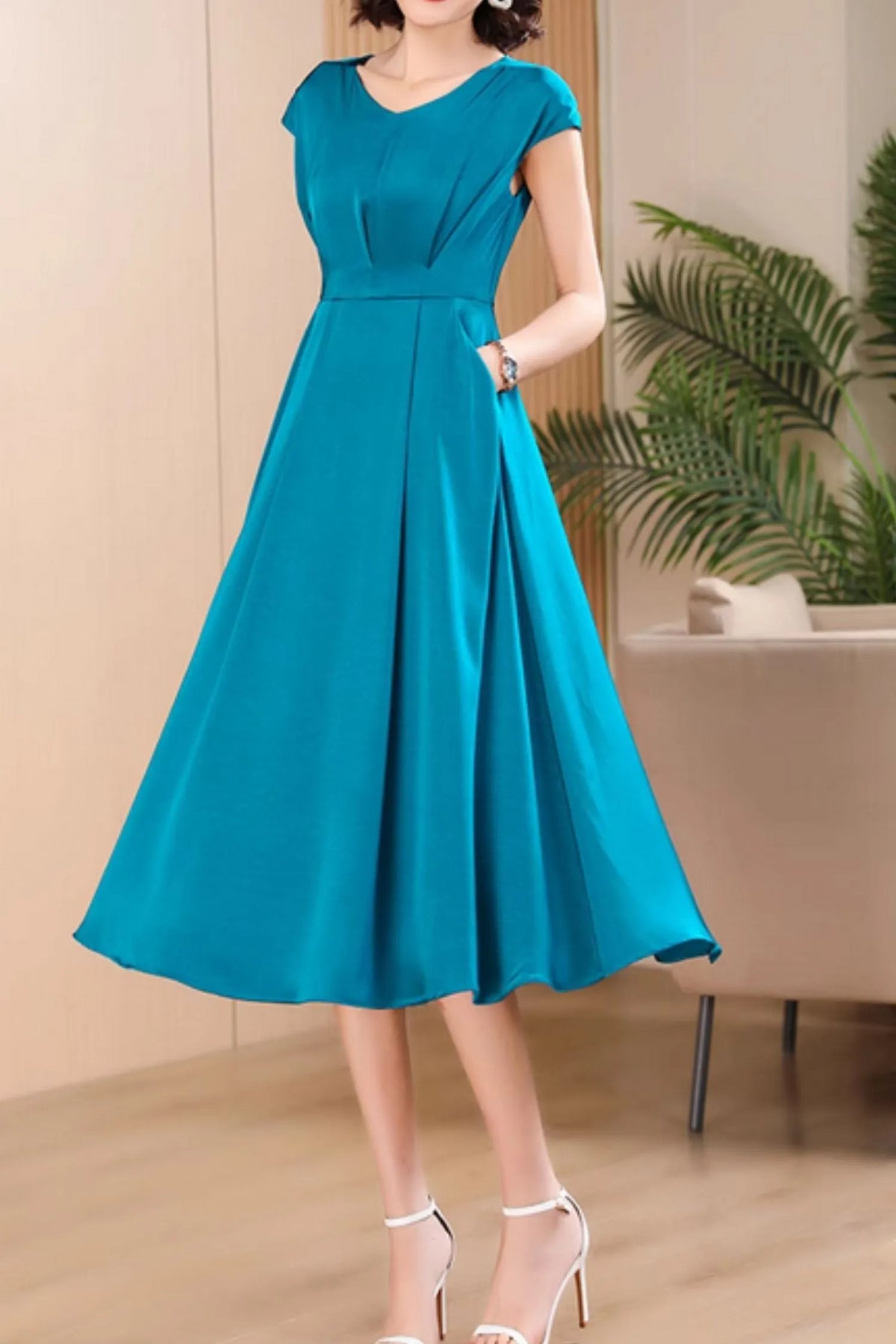 Teal Polyester Midi Fit and Flare Dress - V-Neck, Cape Sleeves 5054