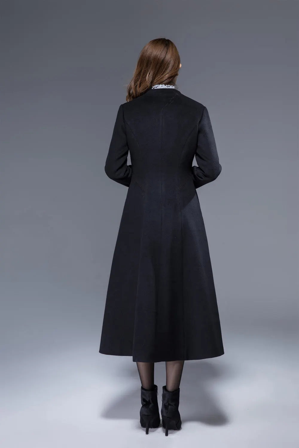 Handmade Vintage Black Winter Coat – Fitted Waist Flare Midi 