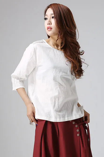 Loose linen top with boat neckline and 3/4 sleeve 1928#