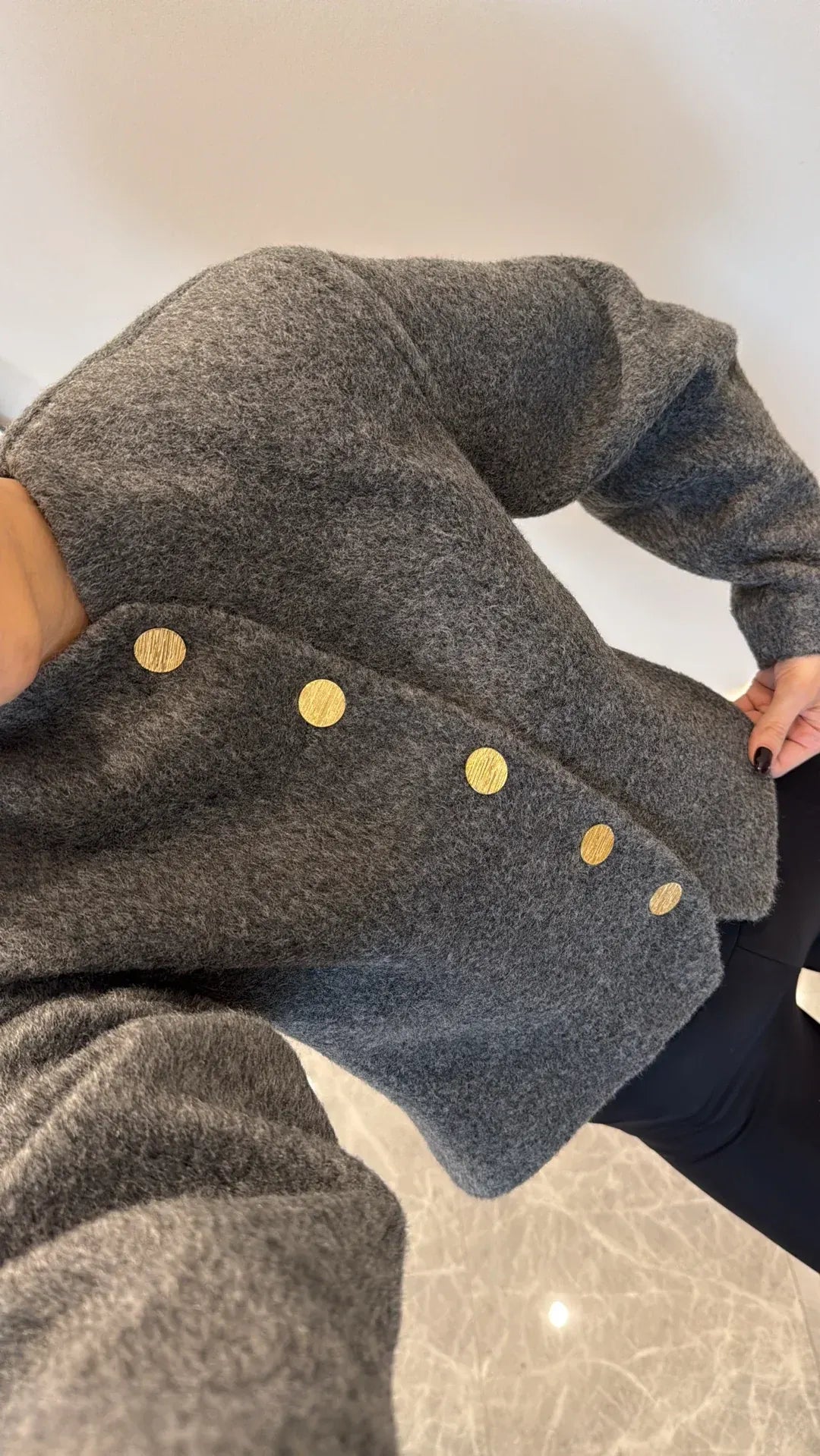 Gold Button Collarless Balloon Sleeve Cropped Knit Jacket