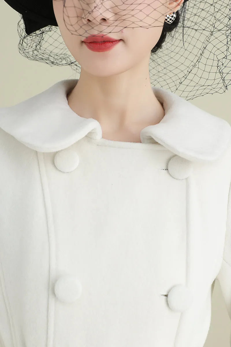 Handmade White Wool Coat – Long A-Line Swing Winter & Wedding Overcoat for Women 
