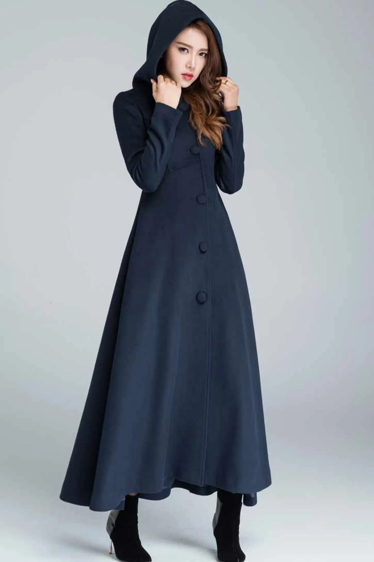 Handmade Blue Wool Coat – Vintage Inspired Hooded Maxi Overcoat 1637