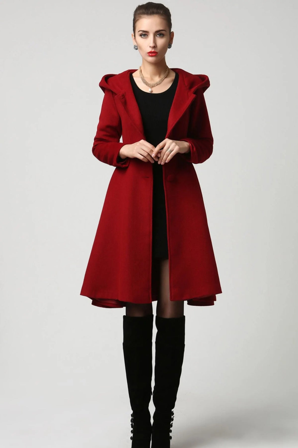 Dark Red Hooded Wool Coat – Vintage Fit and Flare Winter Overcoat 1117