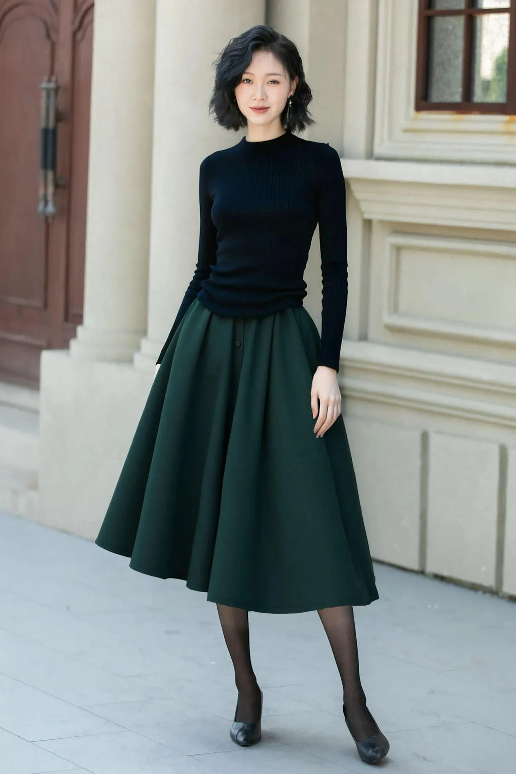 Green Wool Midi Skirt - High-Waisted A-Line with Button Detail 6562