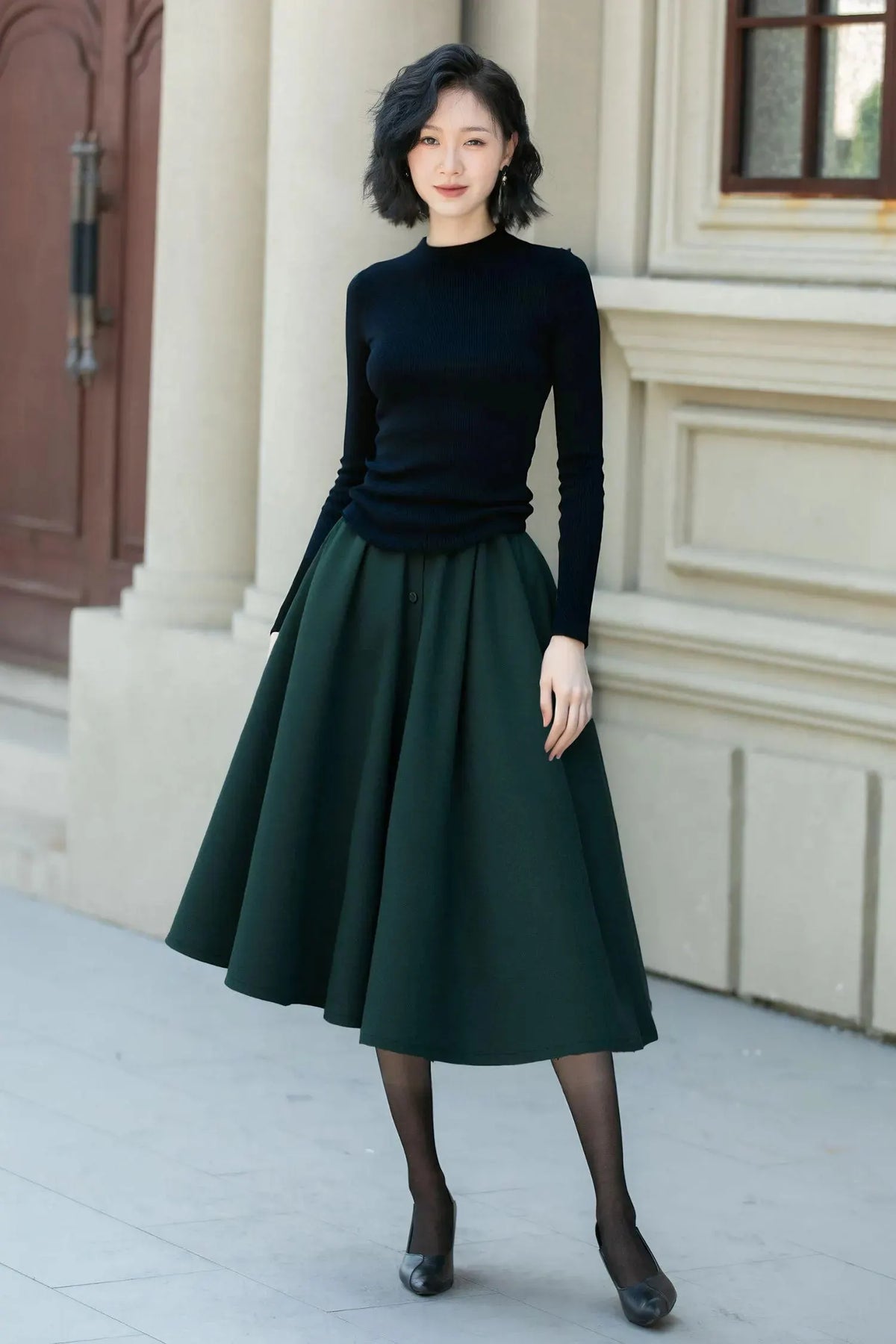 Green Wool Midi Skirt - High-Waisted A-Line with Button Detail 6562