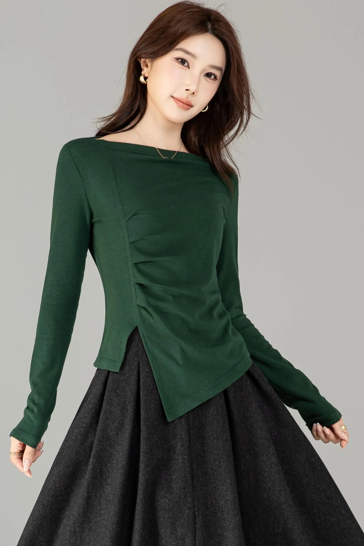 Green Cotton Knit Top - Asymmetrical Autumn Style 6504
