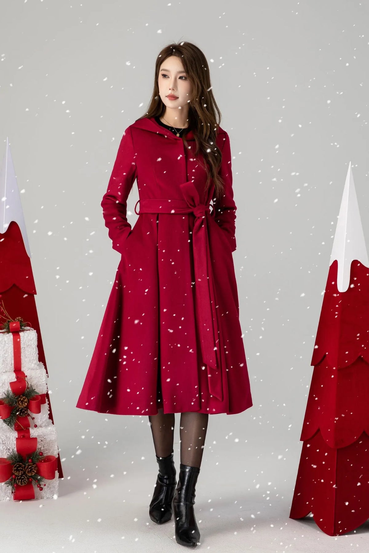 Red Wool Hooded Coat - Princess Silhouette with Belted Waist 6295