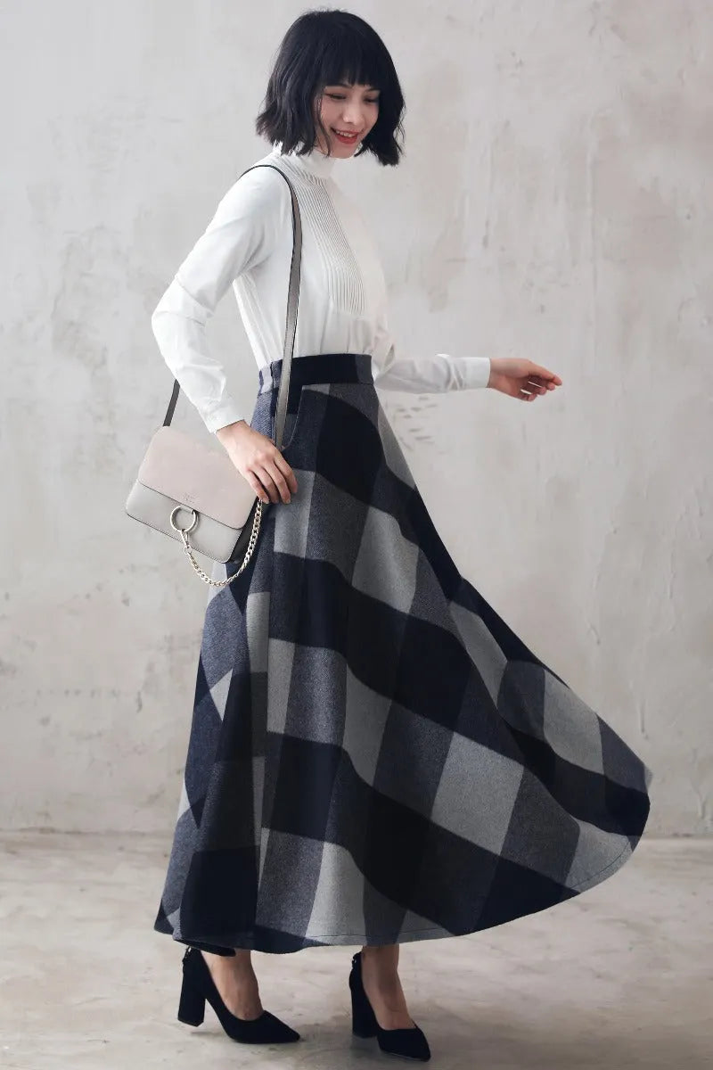 Navy Plaid Wool Maxi Skirt – Vintage Ankle-Length Winter Skirt with Pockets 3107