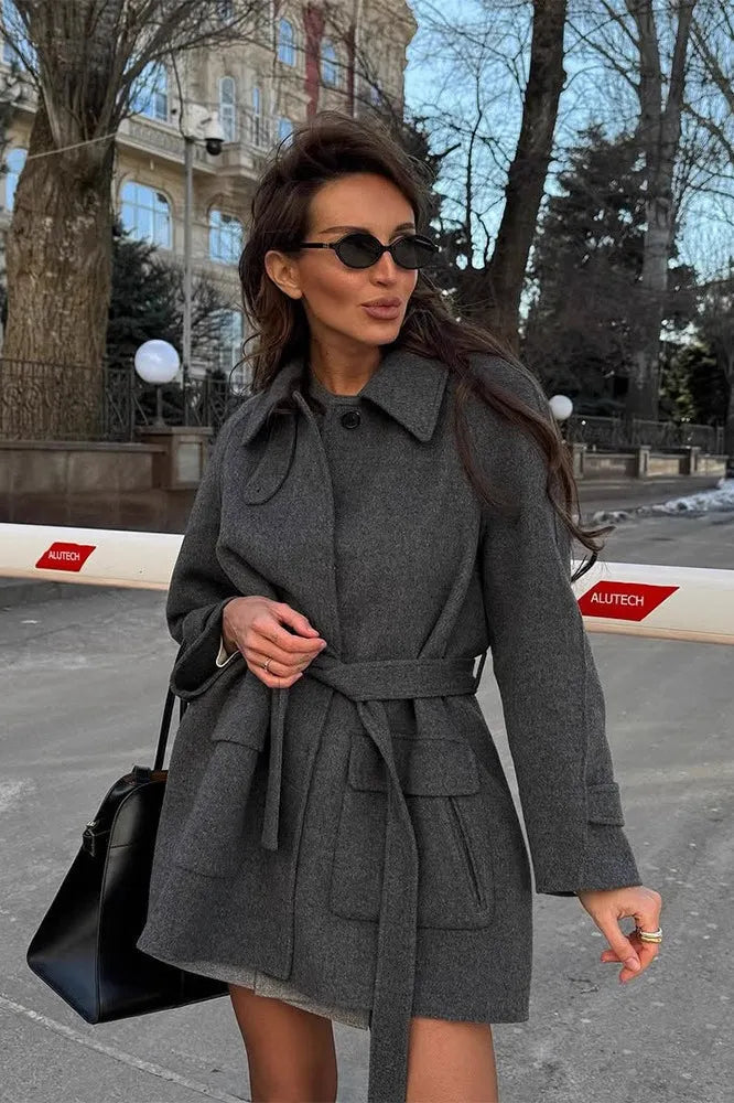 Solid Color Lapel Belted Wool Coat