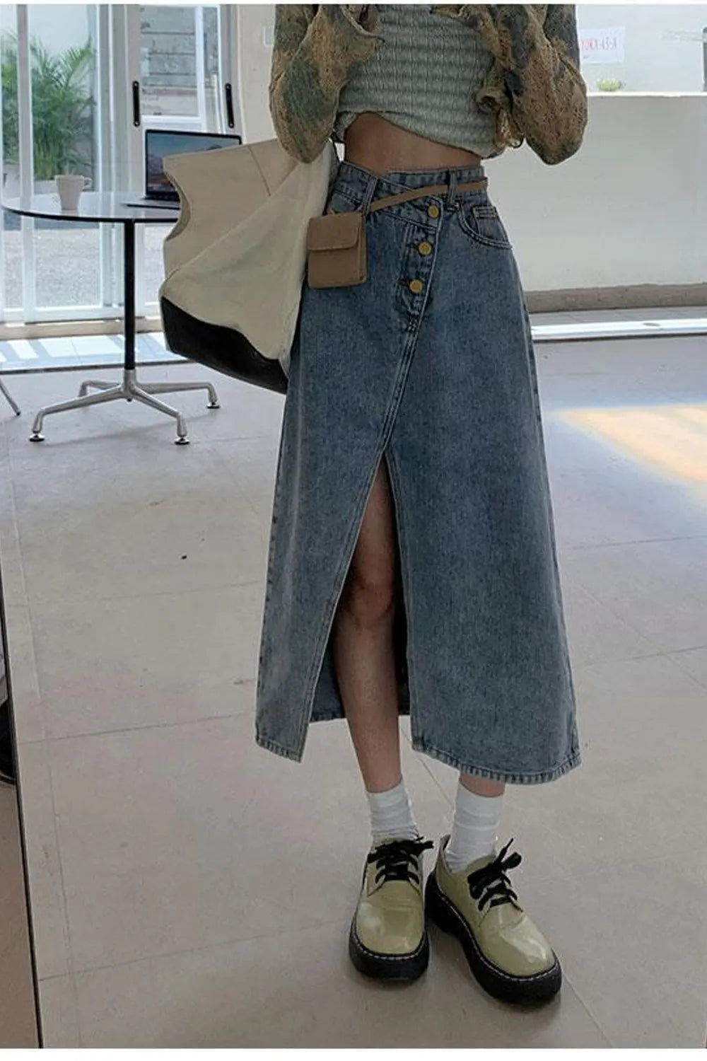 KittenAlarm - High Waist Irregular Split Denim Skirts