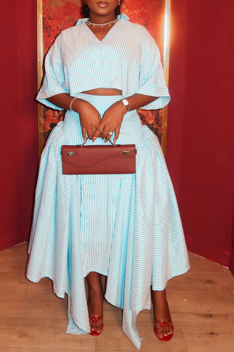 Stripe Cropped Shirt & Asymmetrical Maxi Skirt Two‐Piece Set