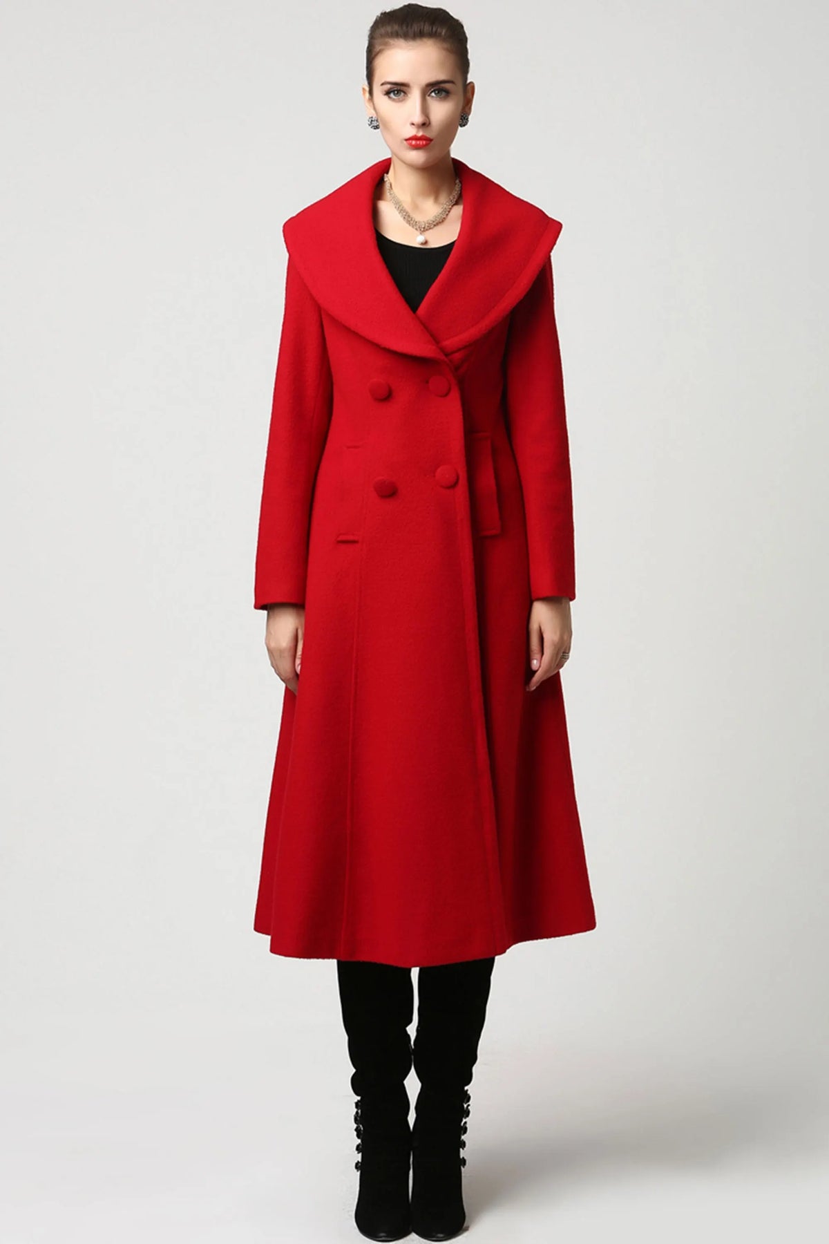 Red Wool Midi Coat – Double Breasted Winter Coat with Shawl Collar 1116