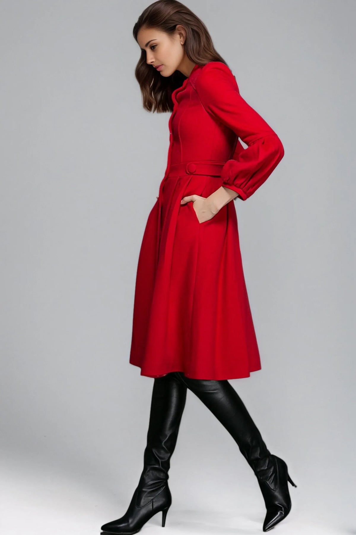 Vintage Red Wool Princess Coat – Bracelet Sleeves, Below-Knee, Pleated Skirt 6350