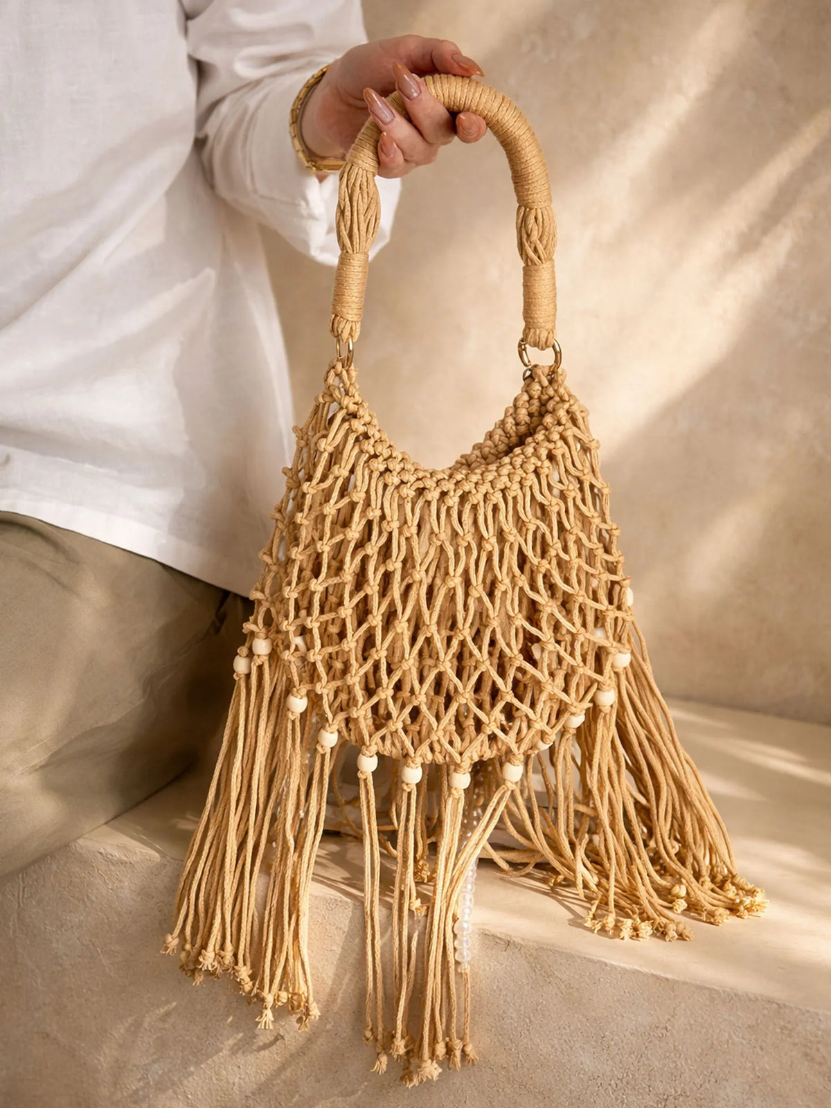 Women's Macrame Fringe Handbag, Boho Western Woven Tote Bag for Festival
