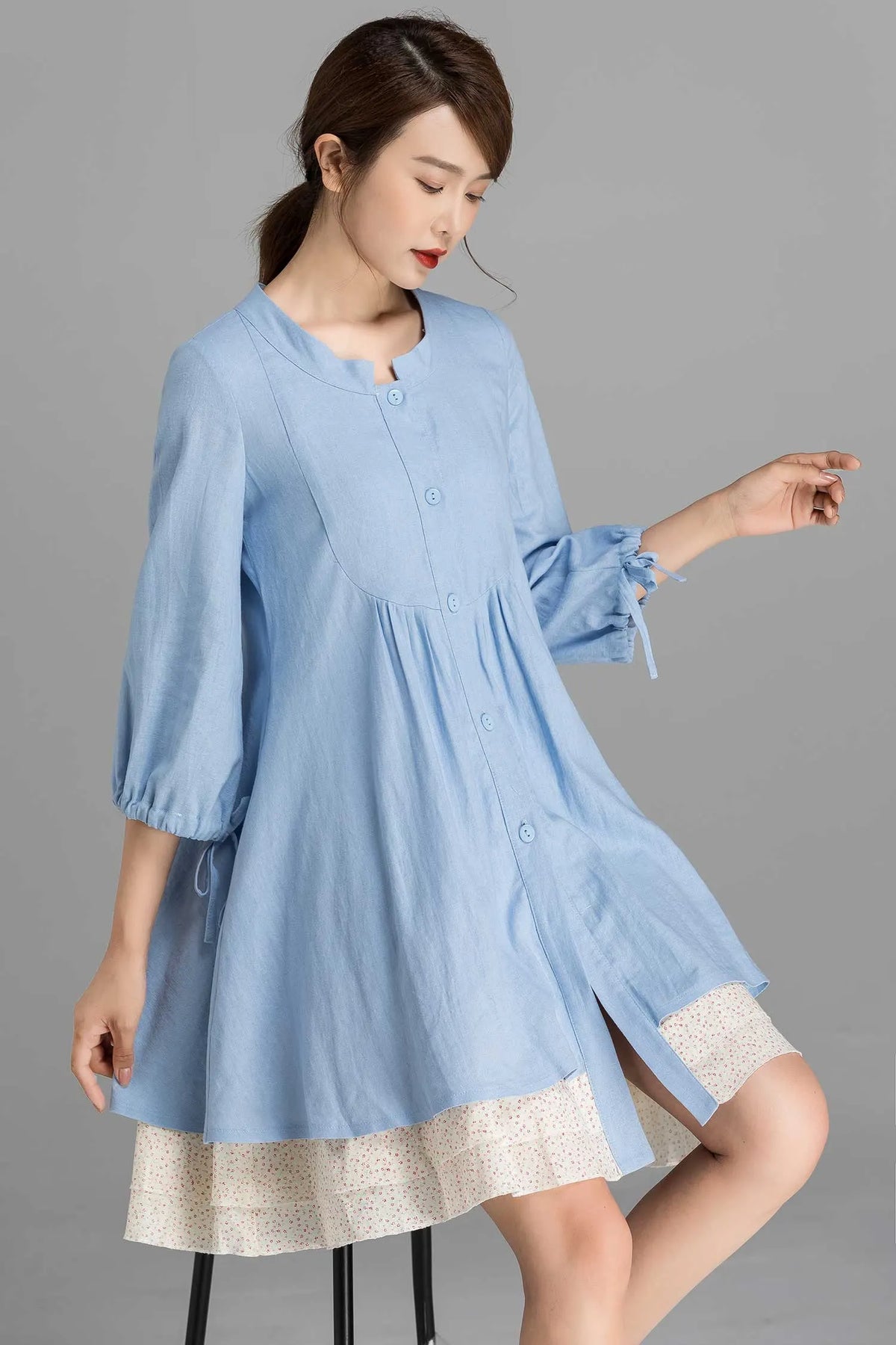 Blue Linen Blend Shirt Tunic Dress - Oversized Bishop Sleeve 2358