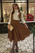 Brown Wool High Waist Flared Skirt - Pleated Circle Silhouette 4744