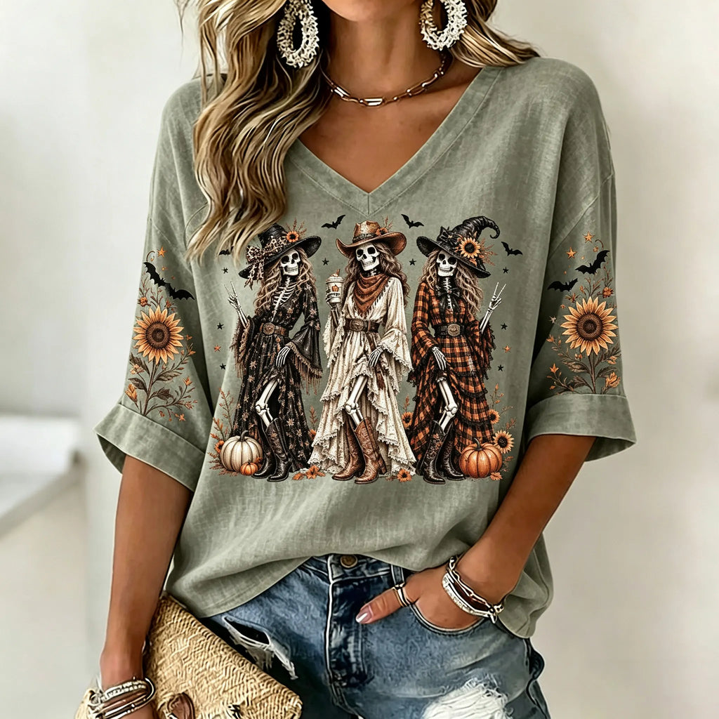 Women's Retro Halloween Floral Skull Print Mid-length Sleeve V-neck T-shirt