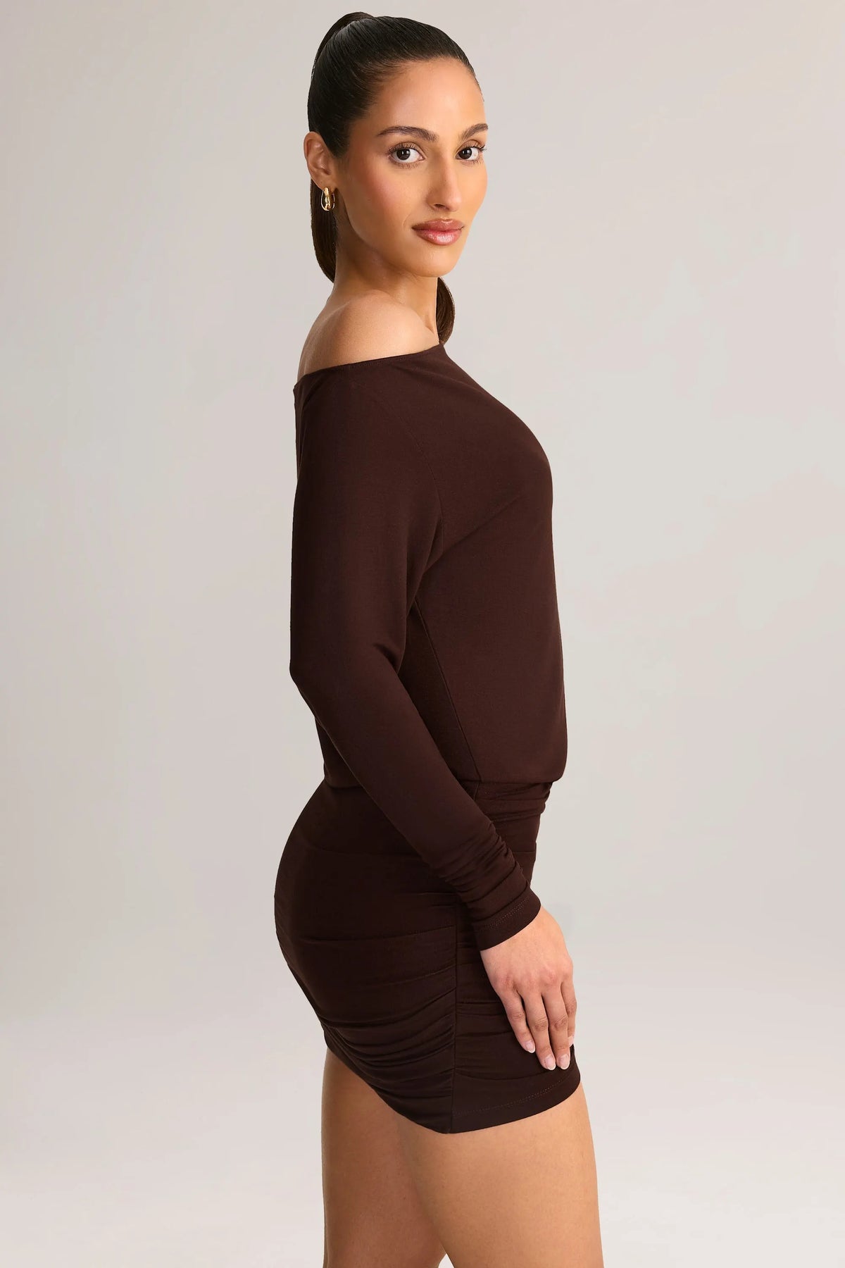 Modal Off-Shoulder Wrap Mini Dress in Chocolate Brown