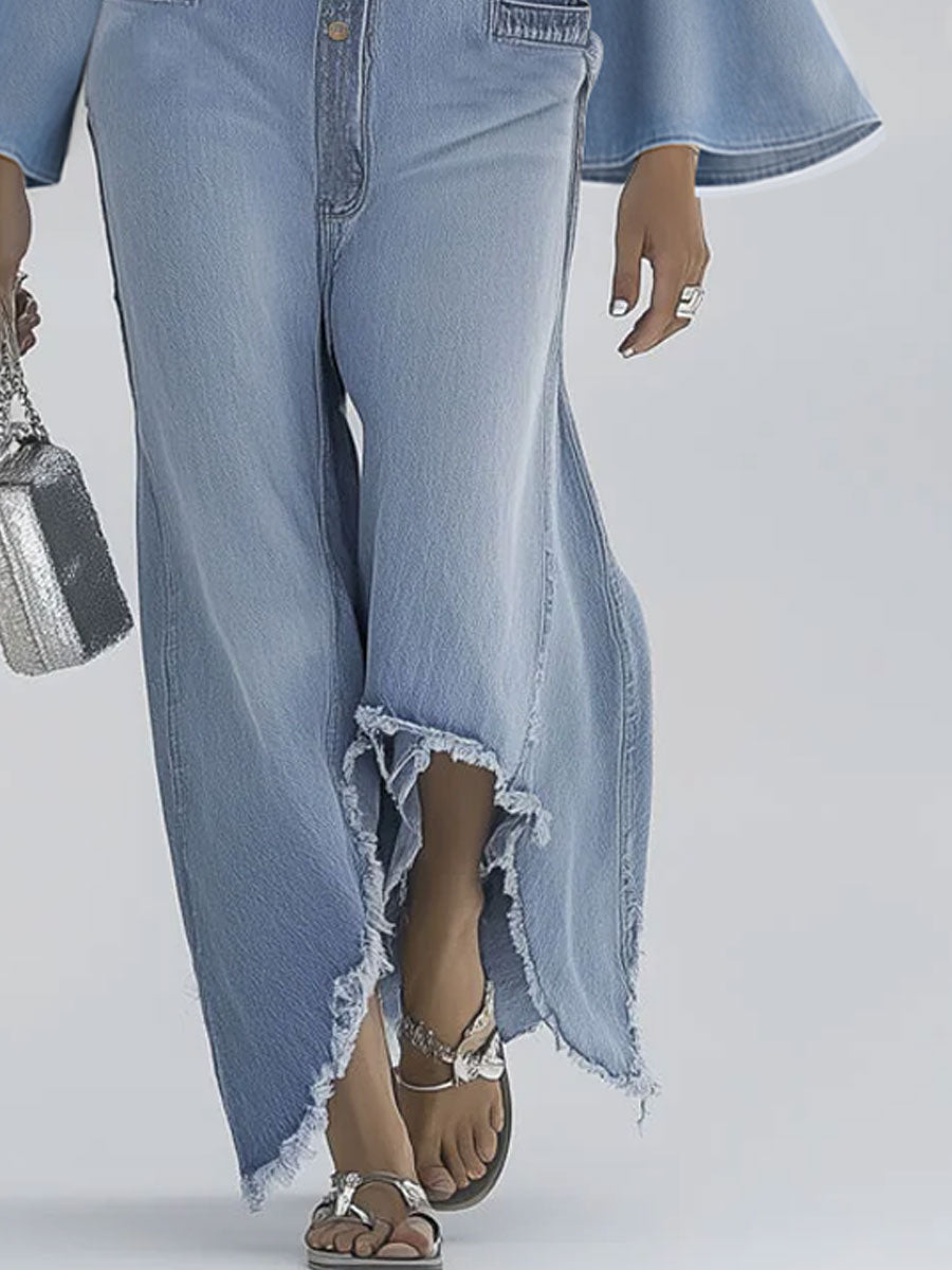 Casual Retro Light Blue Denim Flared Long-Sleeved Wide-Leg Raw Edge Jumpsuit