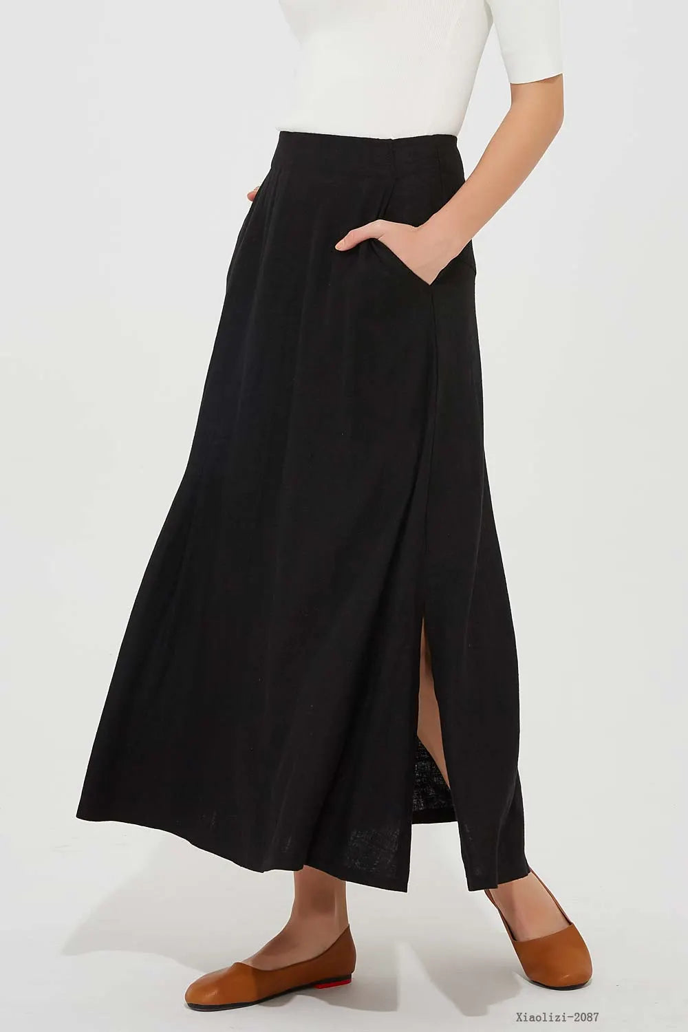 Black Linen A-Line Skirt - Pleated Design with Side Pockets 2087