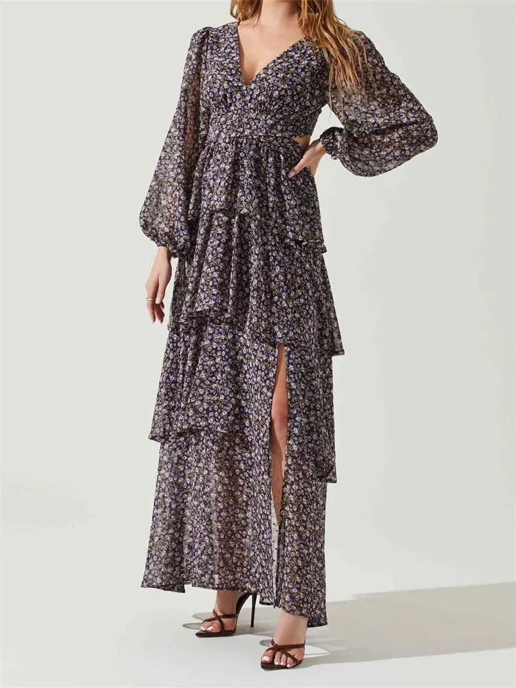 Women High Split Floral Print Puff Sleeve V Neck Layered Ruffles Hem Spring Fall Vestidos