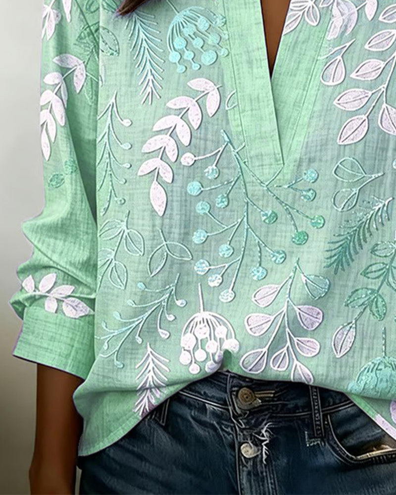 Women's V-Neck Floral Embroidered Blouse, Long Sleeve Notch Collar Linen Blend Top