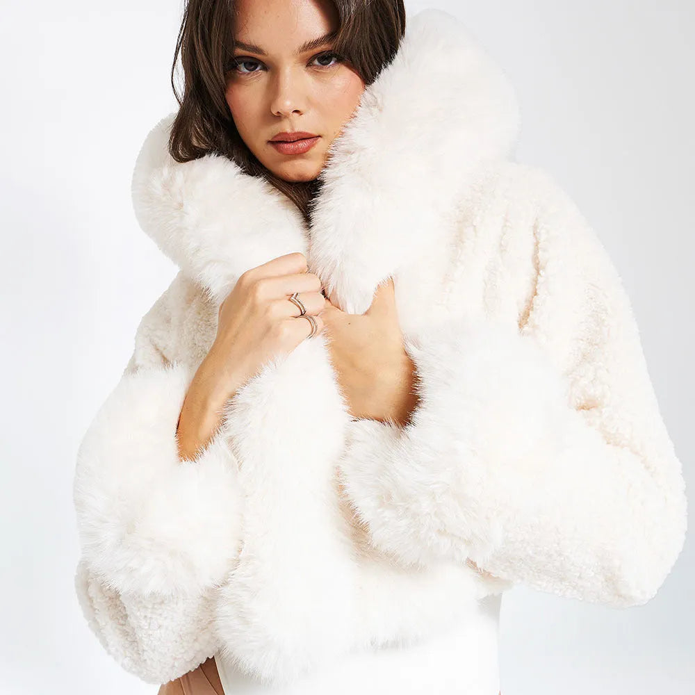 Solid Thickened Fur Collar Cropped Coat
