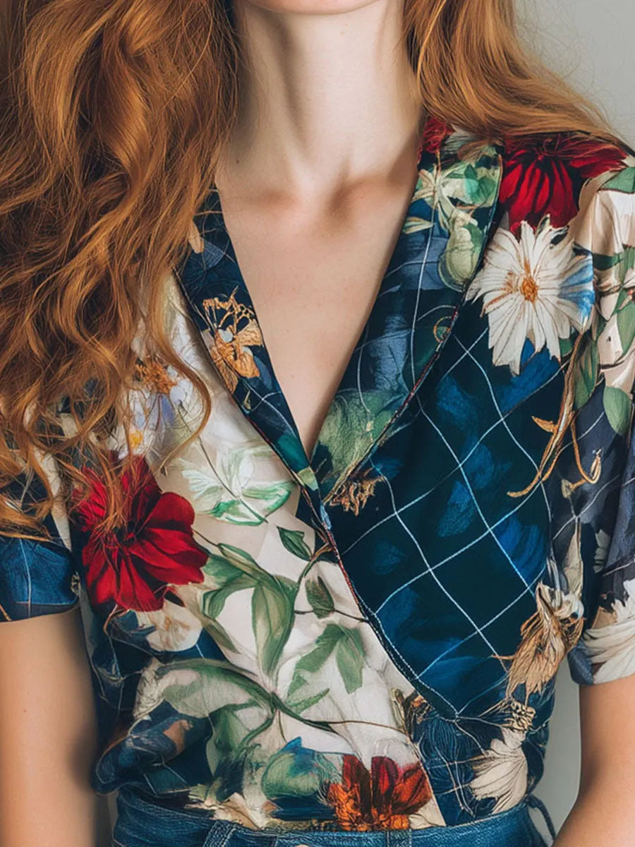 Vintage Floral & Check Mixed Print Short Sleeve Silky Shirt