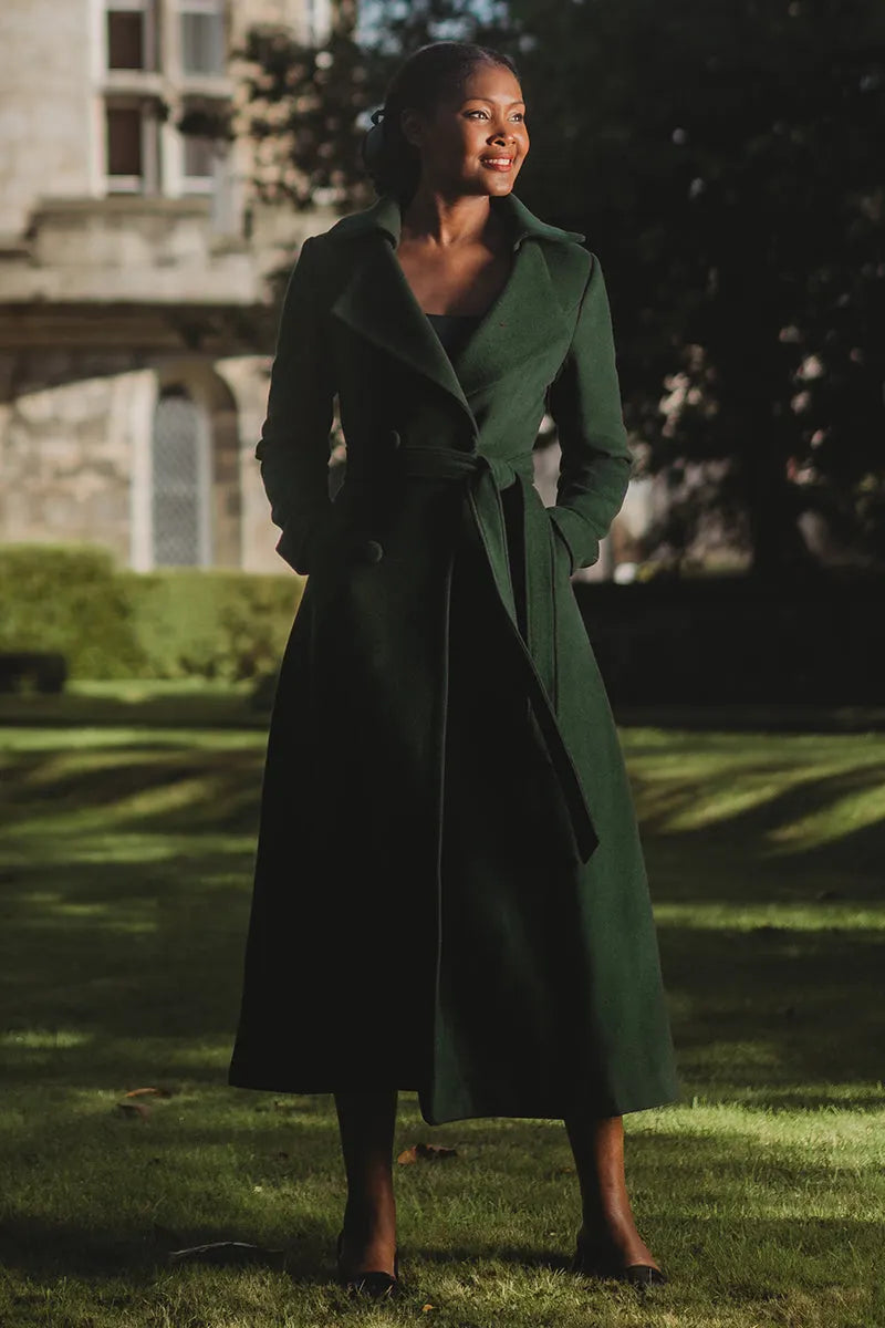 Handmade Green Wool Coat – Long Double-Breasted Winter Overcoat with Belt 