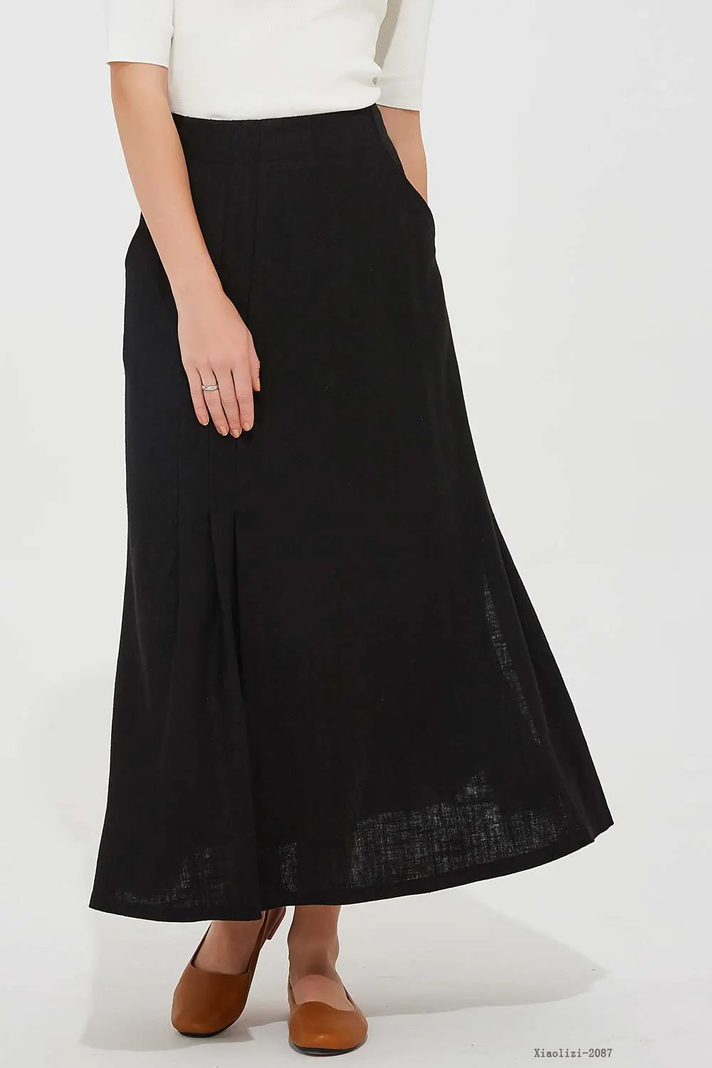 Black Linen A-Line Skirt - Pleated Design with Side Pockets 2087