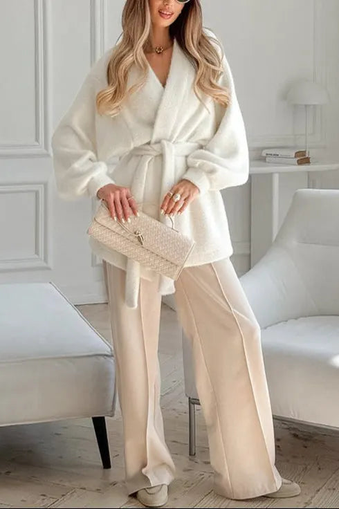 White Fuzzy Tie Waist Mid-Length Relaxed Cardigan