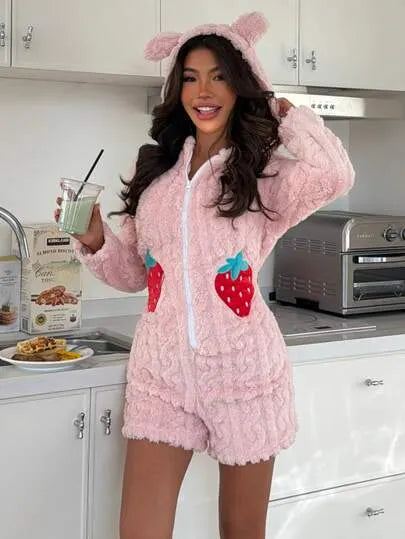 Strawberry Embroidered Jacquard Plush Hooded One-Piece Pajamas