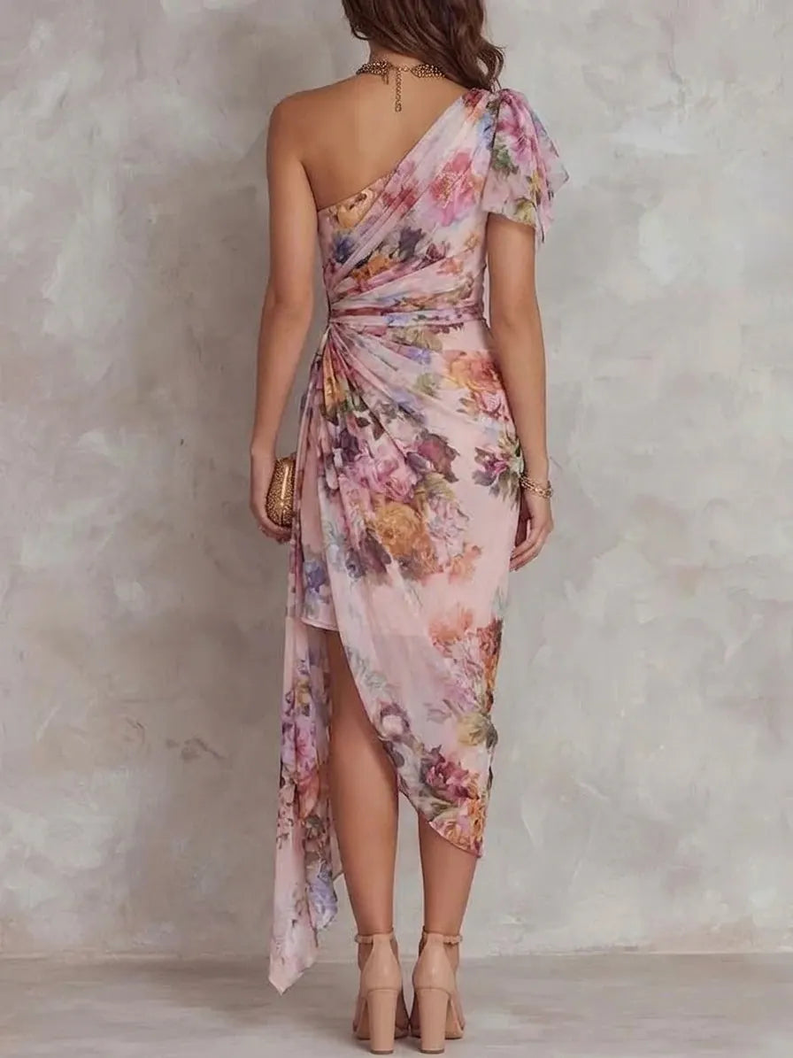 Vintage-Elegant One-Shoulder Floral Chiffon Midi Dress