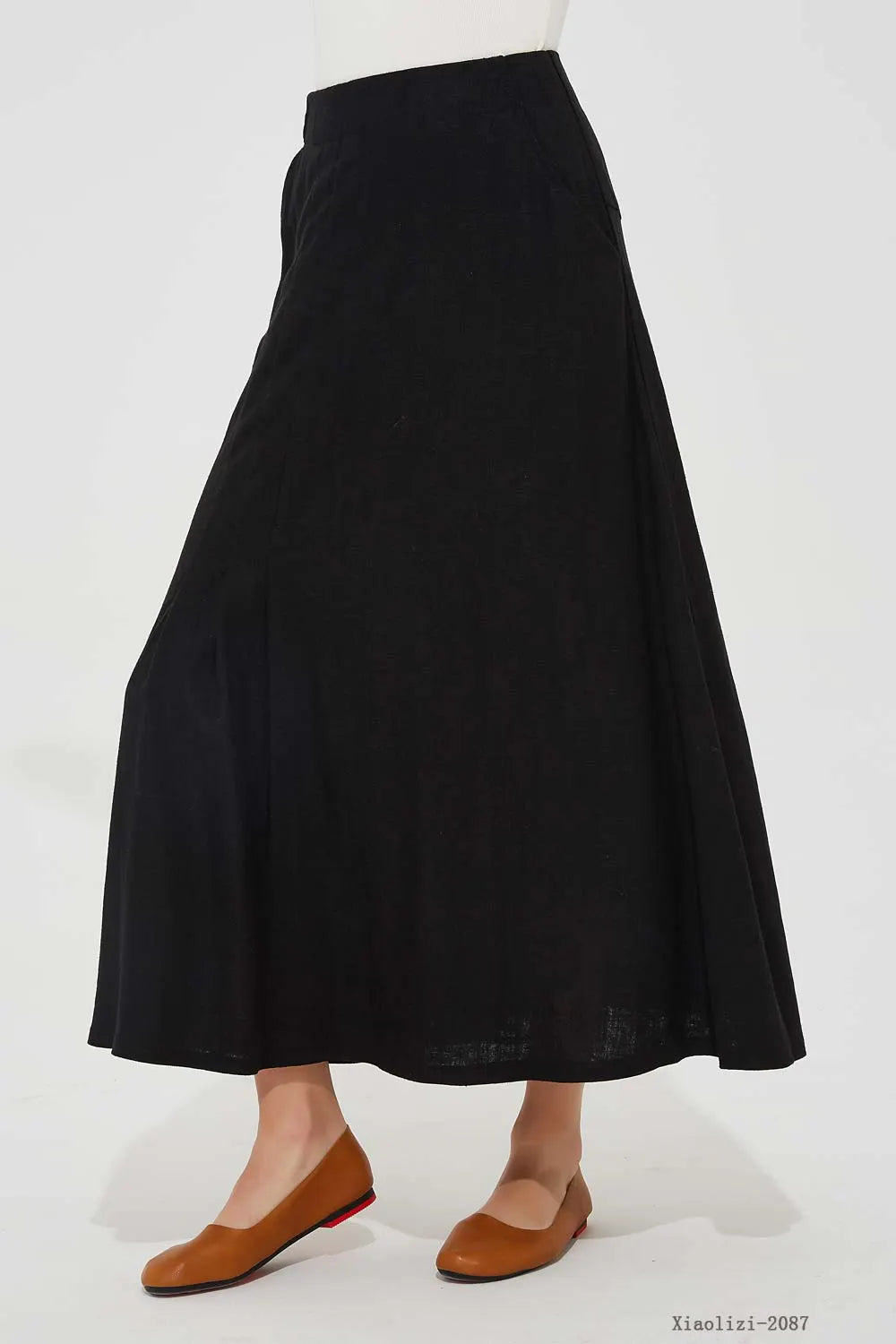 Black Linen A-Line Skirt - Pleated Design with Side Pockets 2087