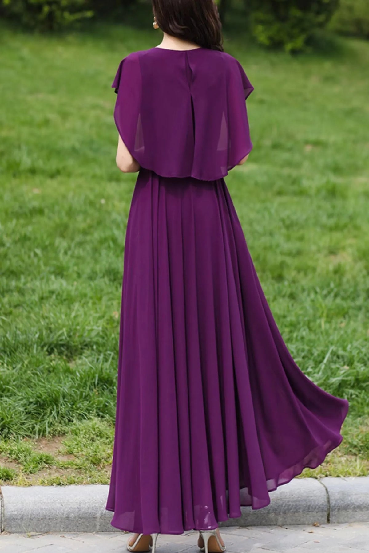 Purple Polyester Chiffon Prom Dress - Cape Detail, Ankle Length 4982