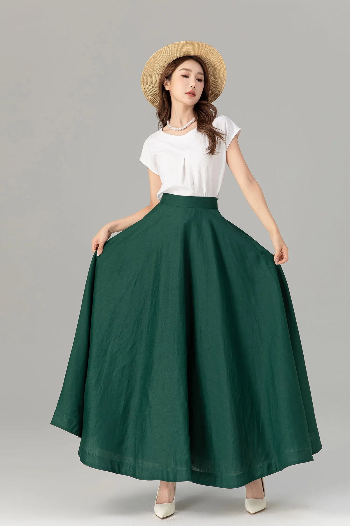 Green Linen Maxi Skirt - A-Line Flowy Silhouette with Pockets 4929