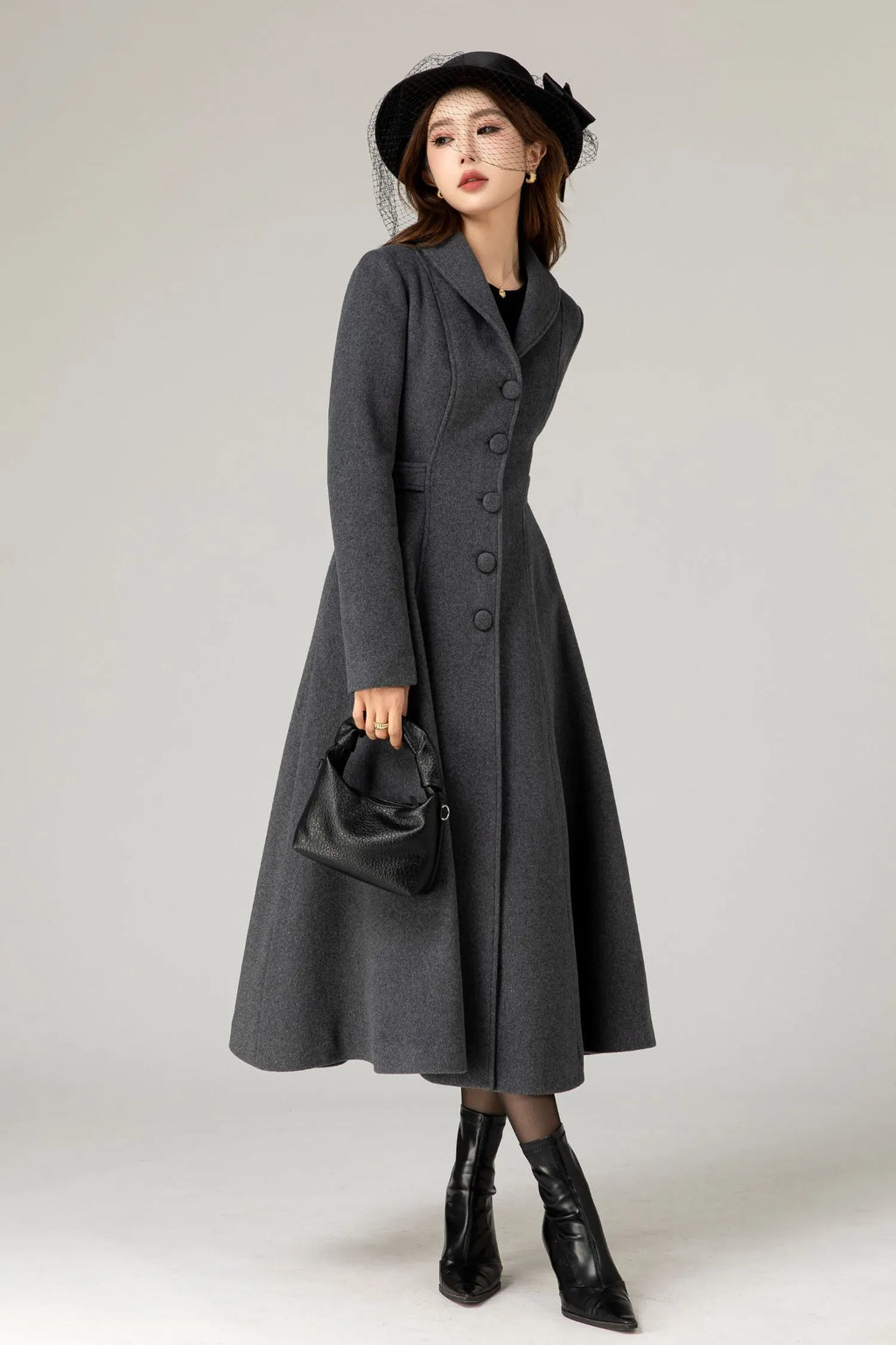 Handmade Charcoal Grey Wool Coat – Vintage Tailored A-line Long Winter Overcoat 