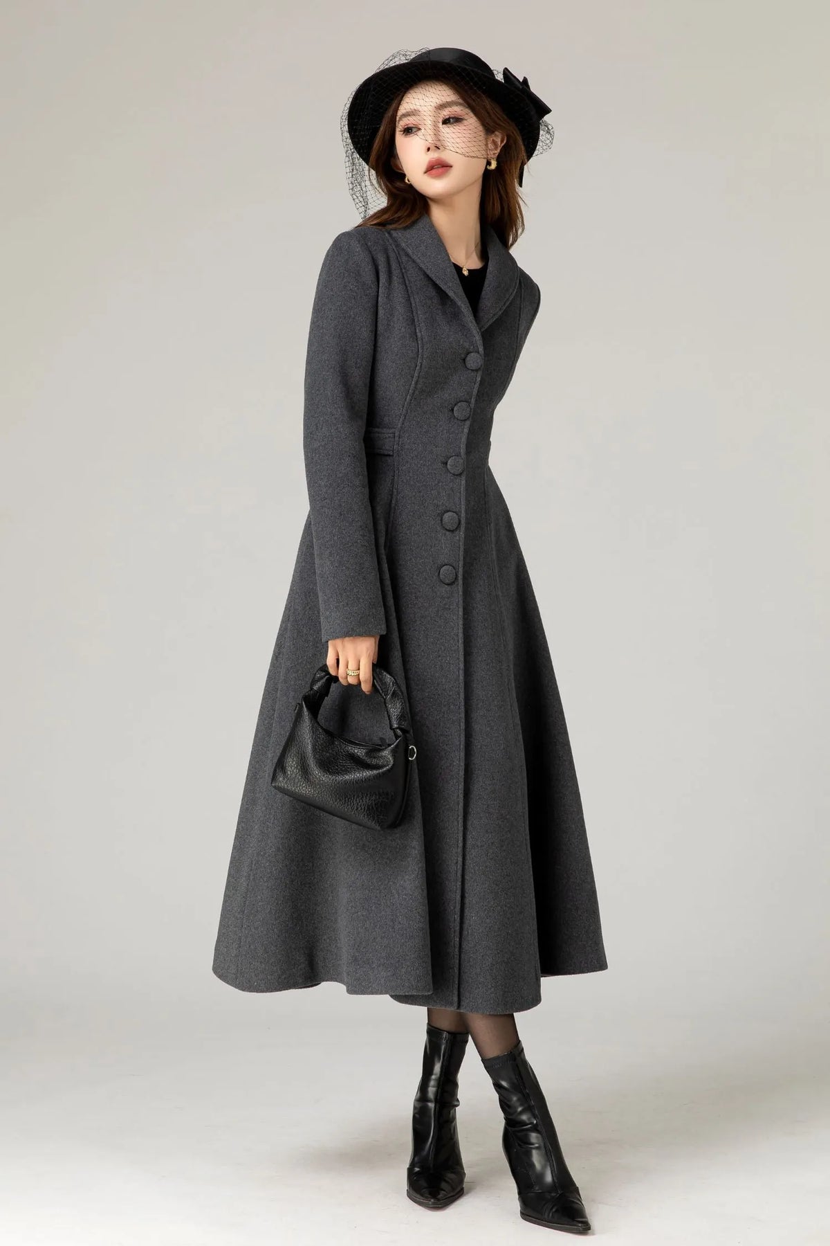 Handmade Charcoal Grey Wool Coat – Vintage Tailored A-line Long Winter Overcoat 