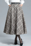 Khaki Wool Plaid Full Skirt - Elastic Waist, Side Pockets 3133