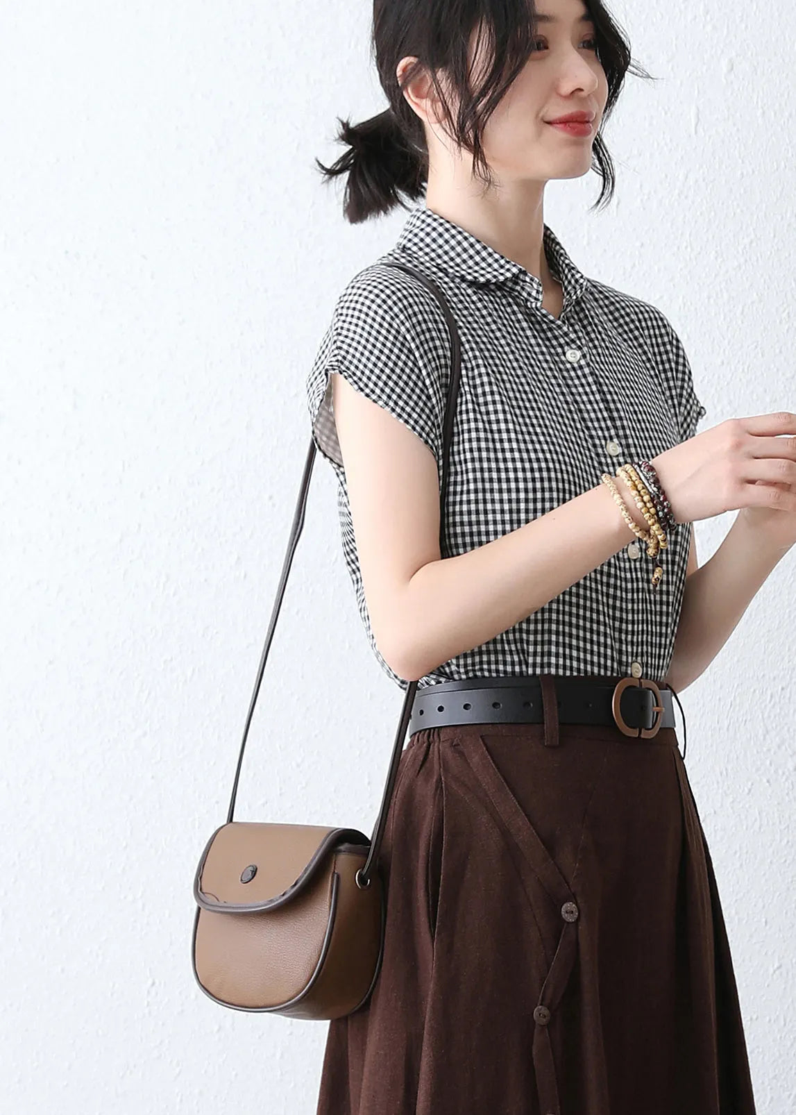 Black & White Plaid Linen Blouse - Handmade Cap Sleeves 2891