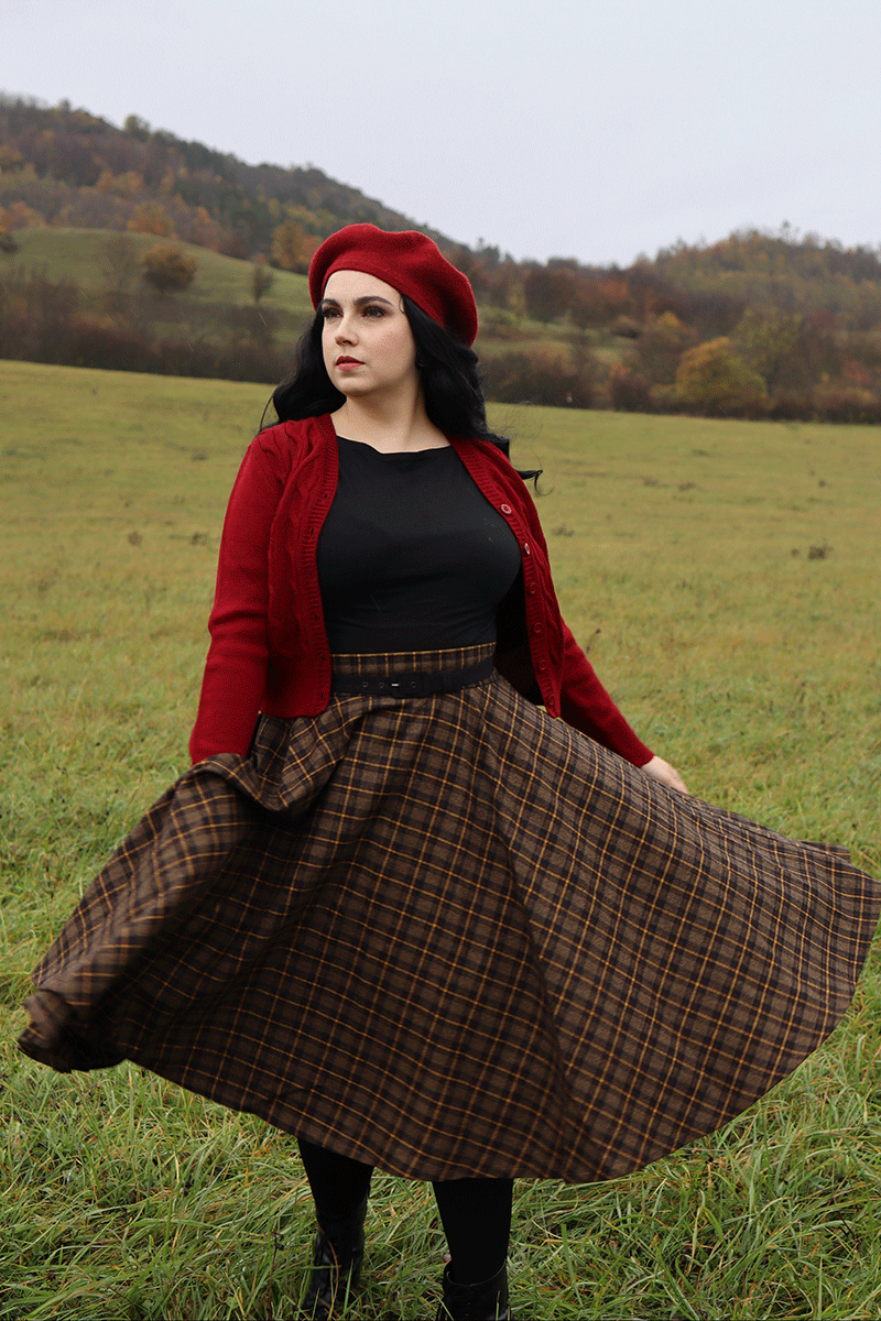 Plaid Wool Midi Skirt - Pleated Circle, High Waist 4727
