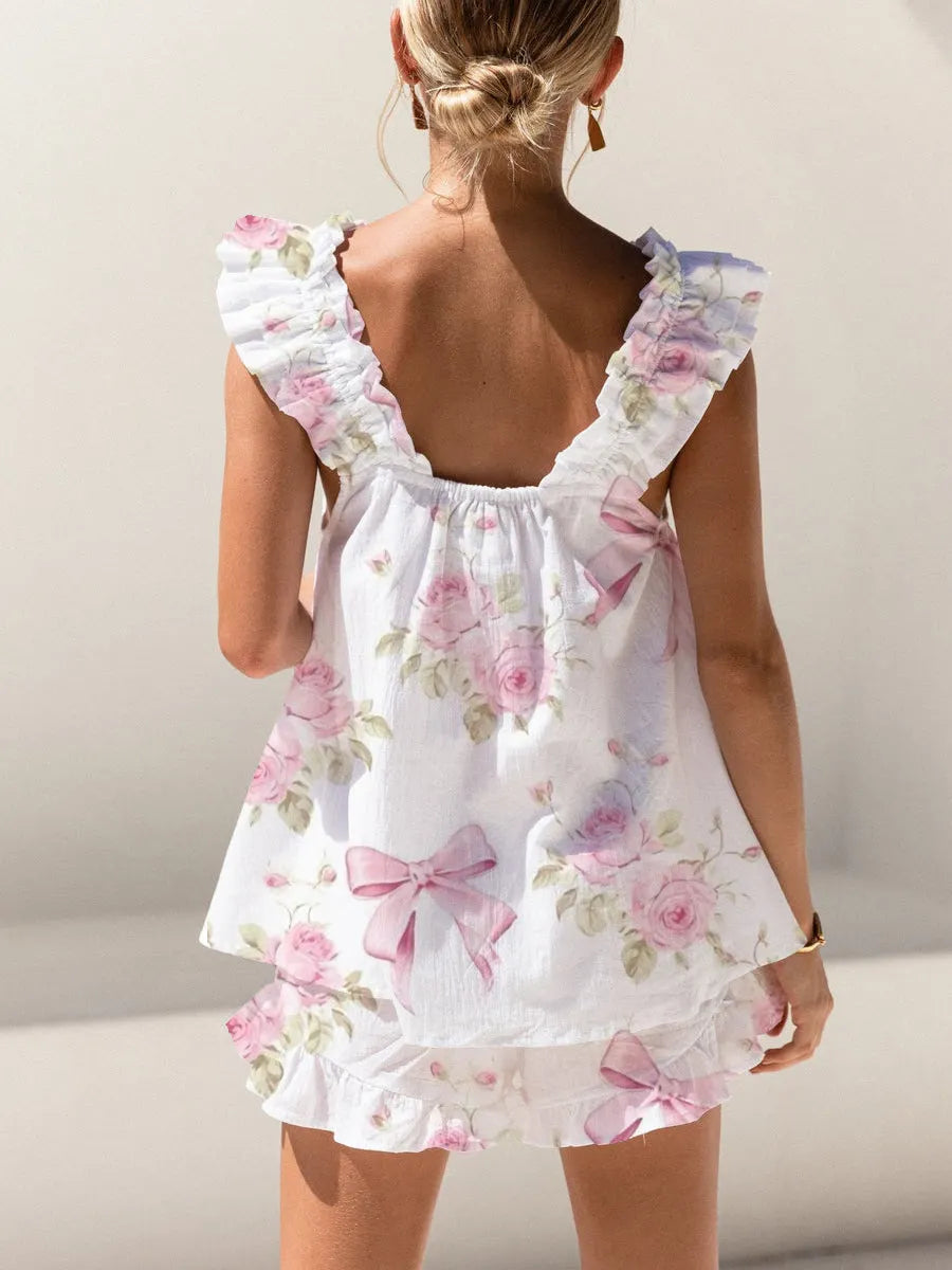 Rose Bow Print Ruffled Trim Short Tank Top Shorts Pajama Set