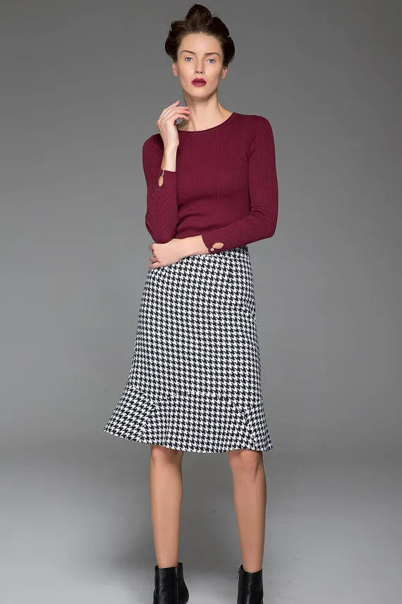 Black and White Wool Fishtail Skirt - Knee Length, Slim Fit 1439
